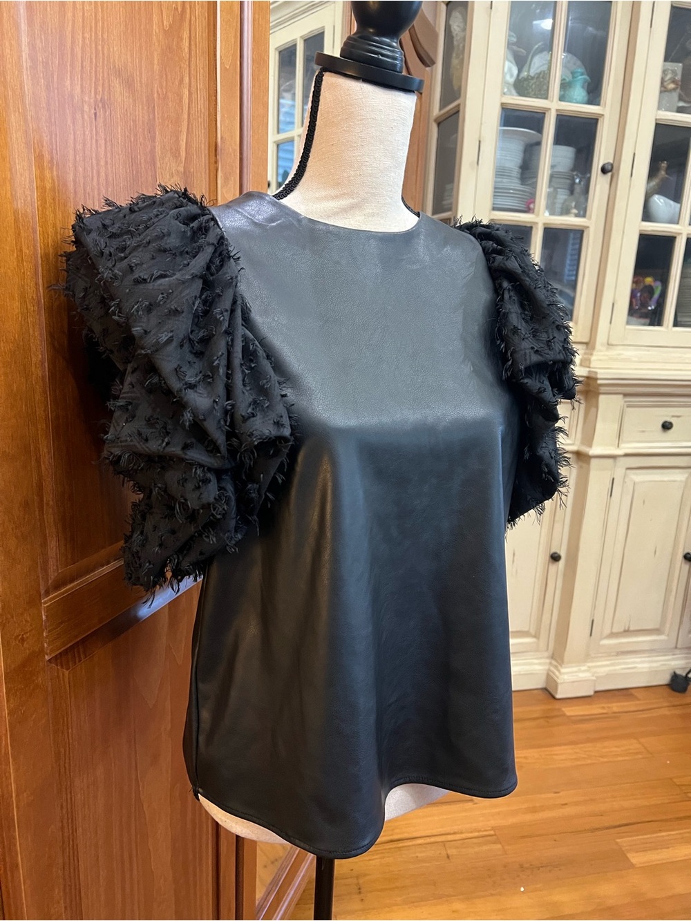 THML Black Faux Leather Flutter Sleeve Top - Picture 3 of 6